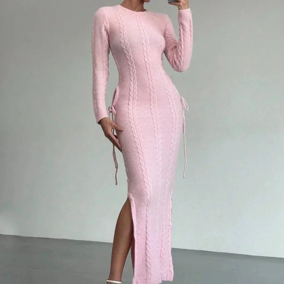 Pink Elegant Women's Warm Cinched Waist Knitted Dress - Picture 3 of 8